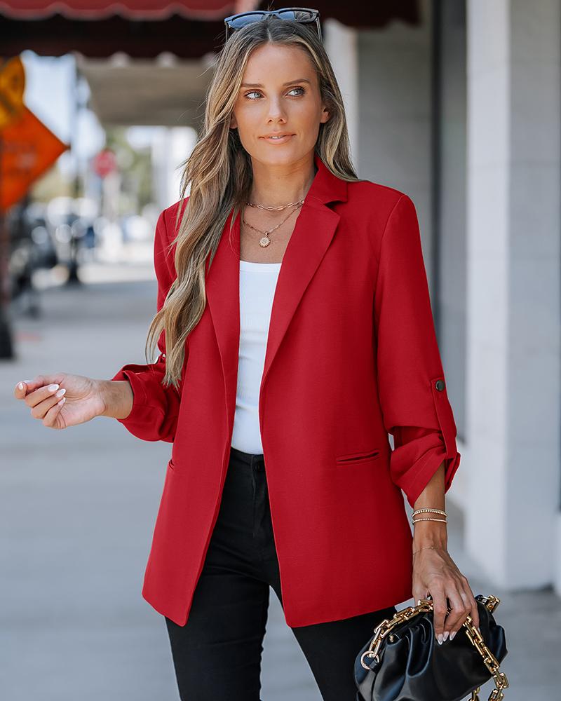 

Notched Collar Roll Up Sleeve Blazer Coat, Red