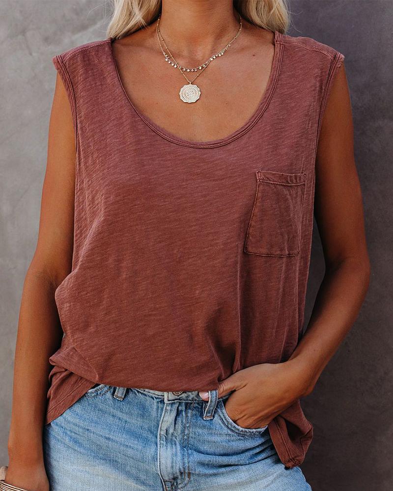 

Solid Color Splicing Pocket Sleeveless Tank, Red