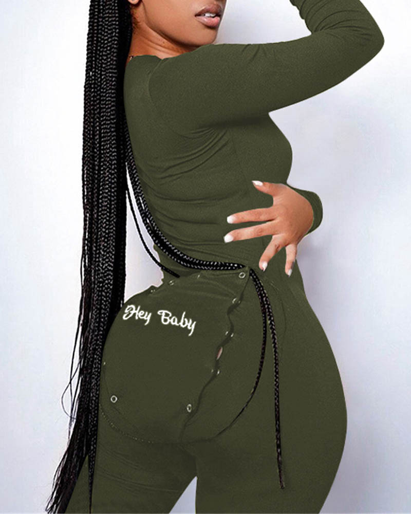 

Button Design Long Sleeve Letter Embroidery Functional Onesie, Green
