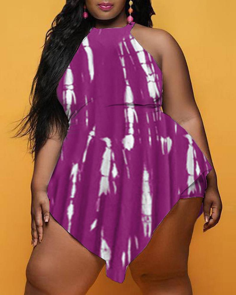 

Plus Size Tie Dye Print Asymmetrical Hem Overlay Romper, Purple