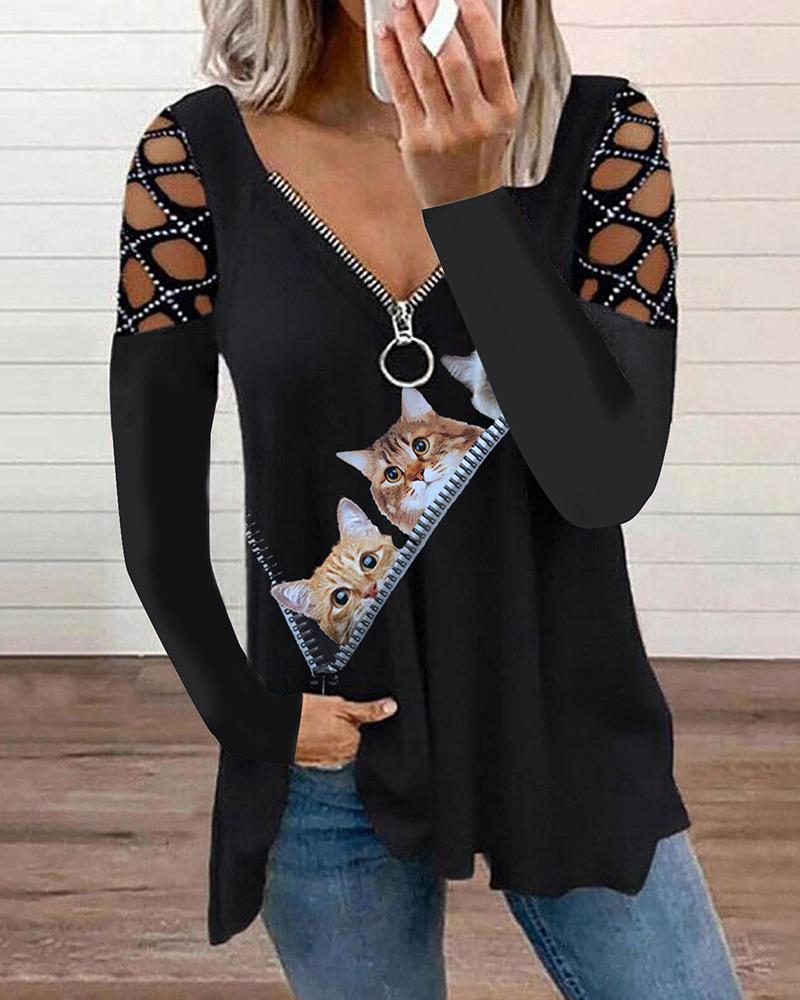 

Cat Print Rhinestone Hollow Out Sleeve Zip Front Top, Black