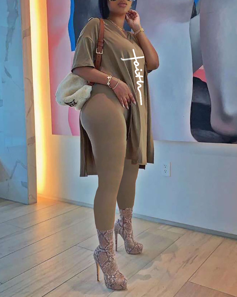 

Letter Print Split Hem Top & Pants Set, Khaki