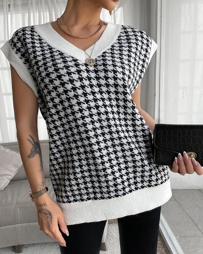 

V Neck Houndstooth Print Colorblock Kint Tank Top, White