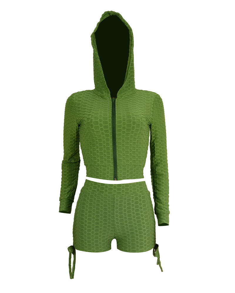 

Zip Up Hooded Crop Top & Drawstring Ruched Shorts Set, Green