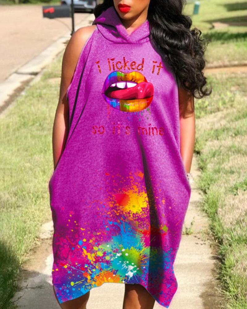

Lip Print Hooded Sleeveless Casual Dress, Purple