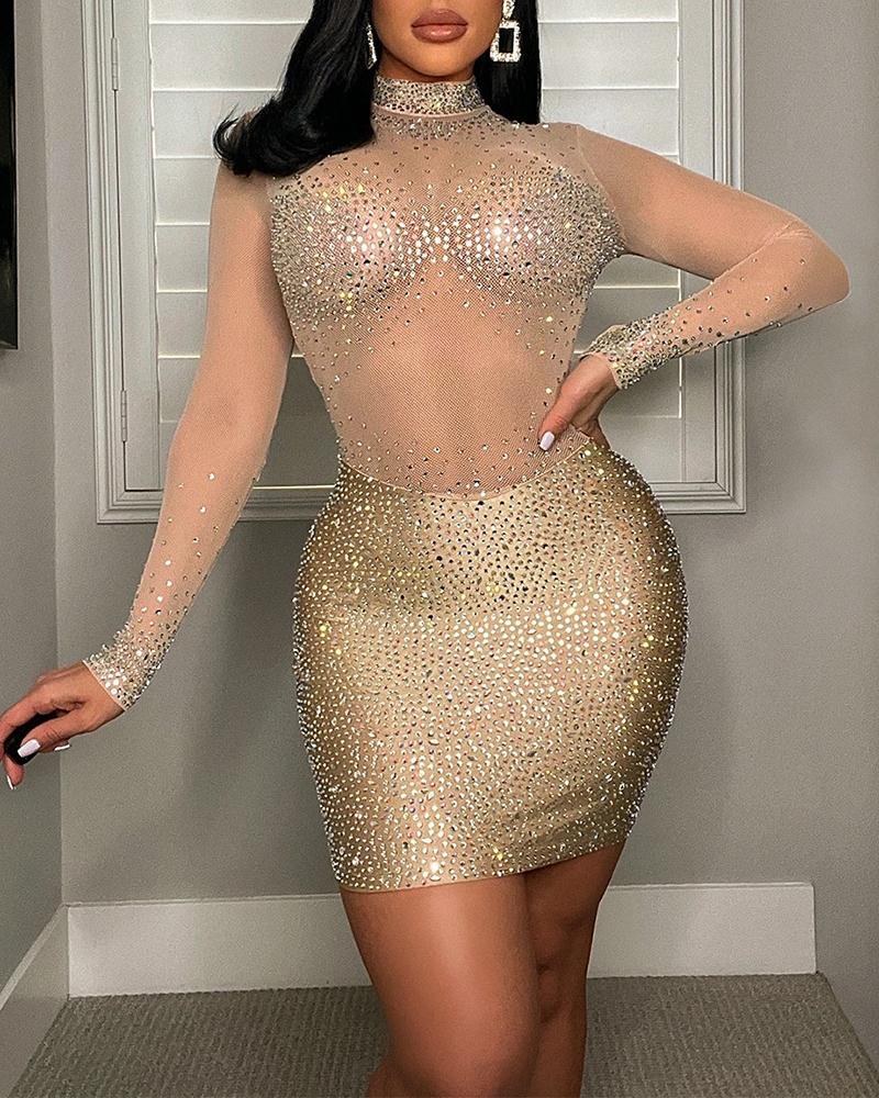 

Mock Neck Sheer Mesh Rhinestone Party Dress, Apricot