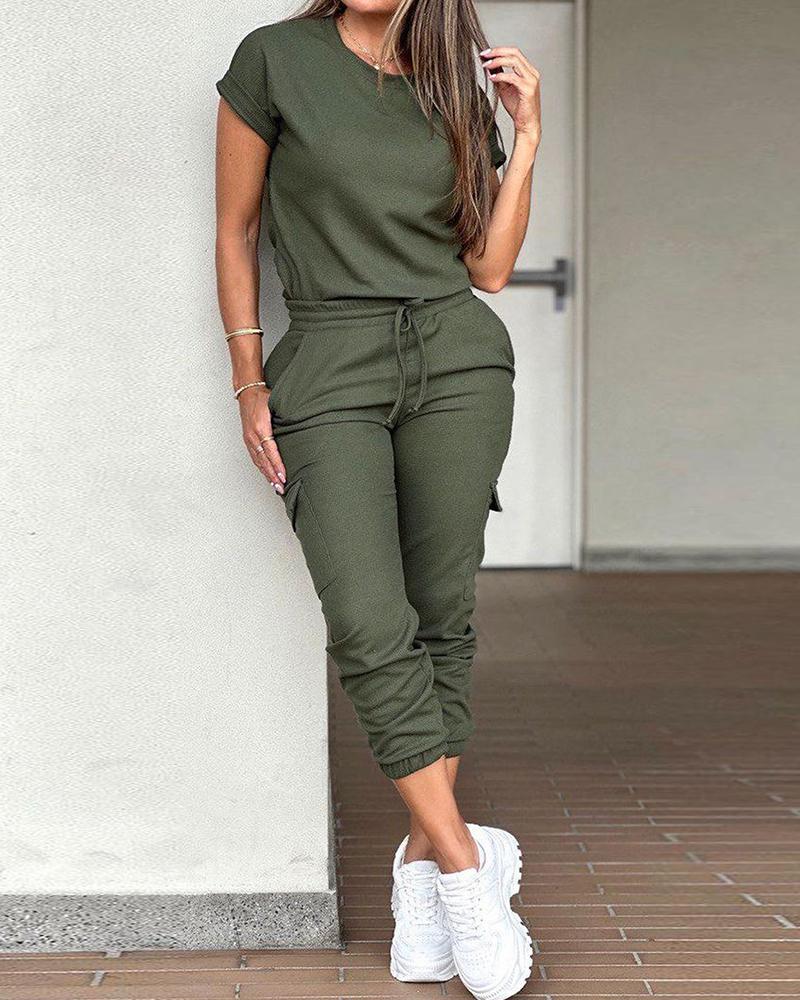 

Round Neck Top & Drawstring Cuffed Pants Set, Green