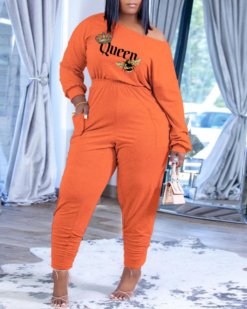 

Plus Size Letter Bee Print Long Sleeve Top & Pants Set, Orange