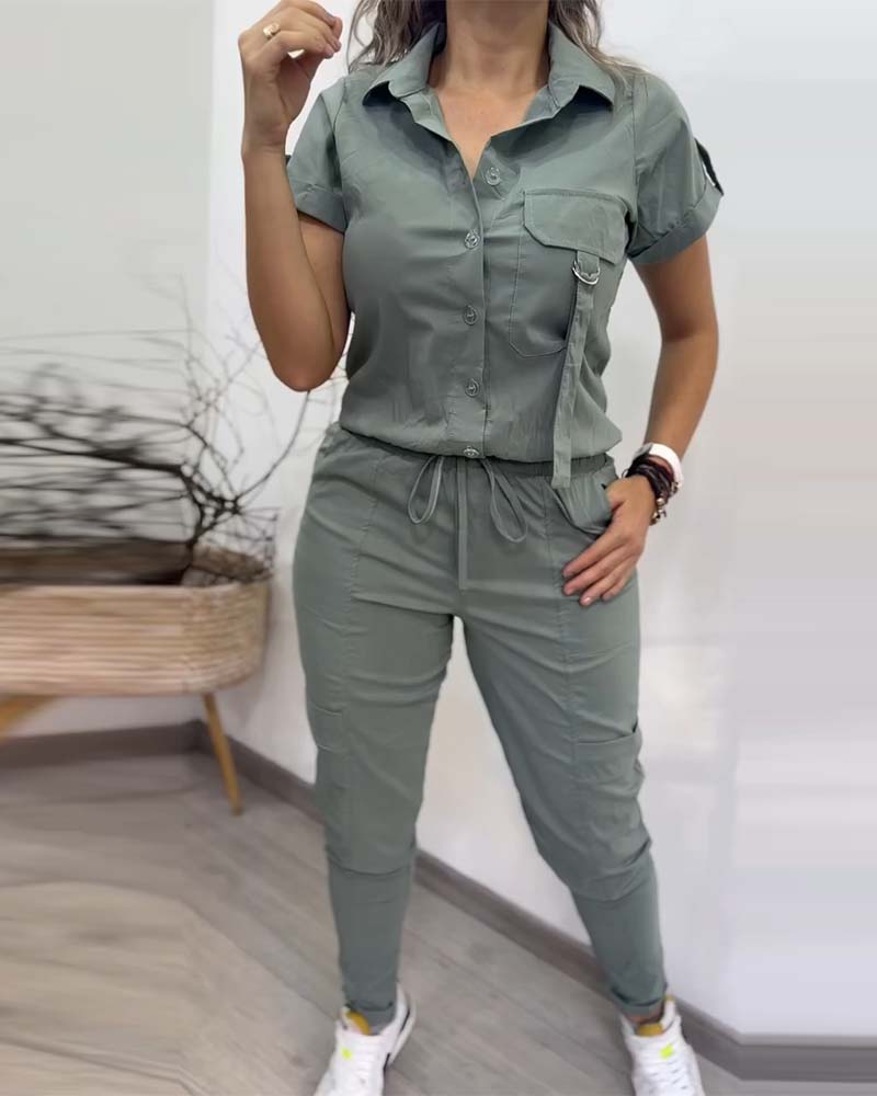 

Buttoned Short Sleeve Top & Drawstring Skinny Pants Set, Army green