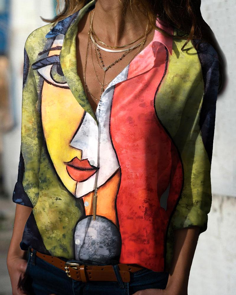 

Abstract Figure Print Long Sleeve Button Down Shirt, Multicolor