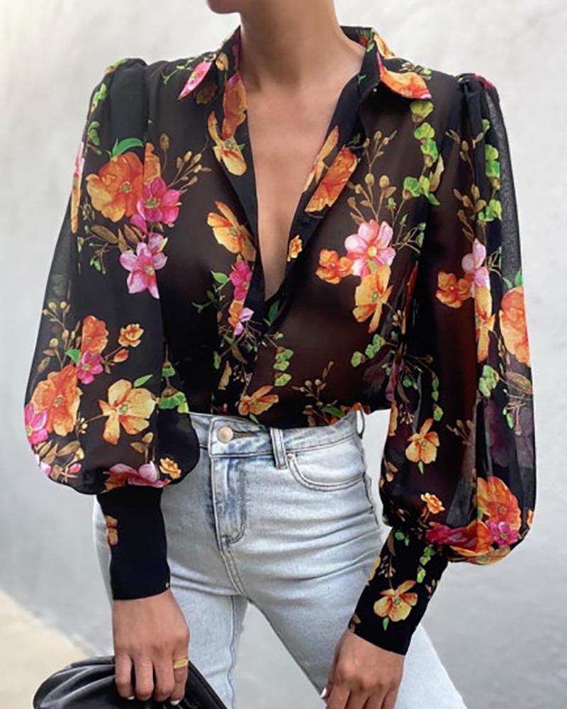 

Floral Print Plunge Lantern Sleeve Top, Black