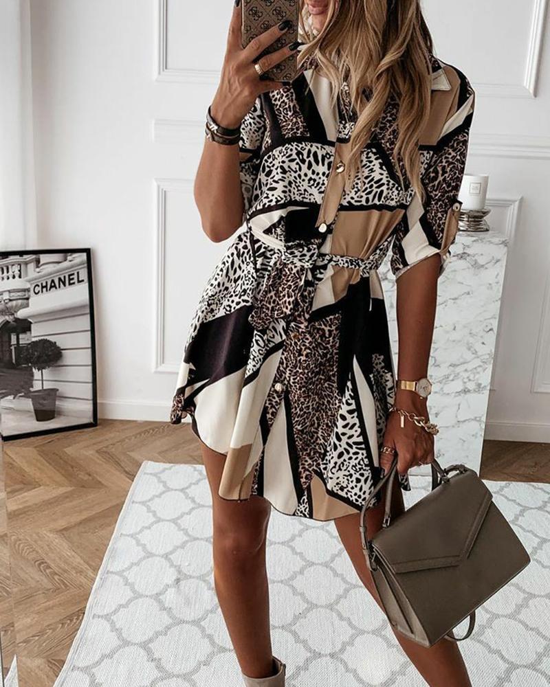 

Cheetah Print Button Design Shirt Dress, Khaki