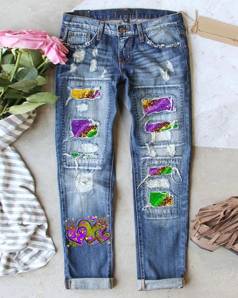 

Leopard Heart Print Patchwork Ripped Jeans, Blue