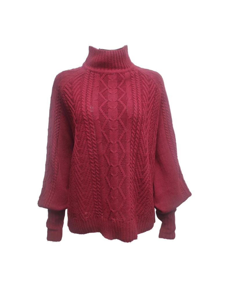 

Lantern Sleeve High Neck Cable Knit Warm Sweater, Red