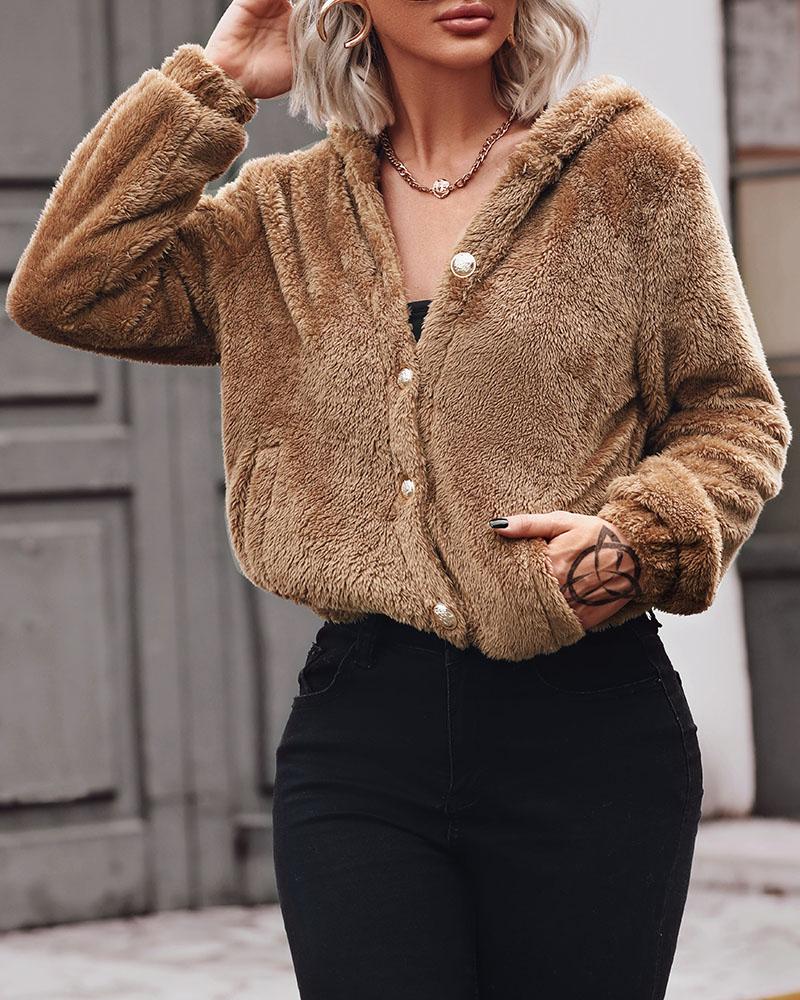 

Button Up Hooded Teddy Coat, Khaki