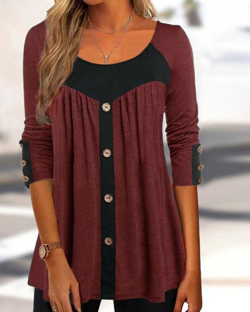 

Contrast Paneled Button Detail Long Sleeve Top, Wine red