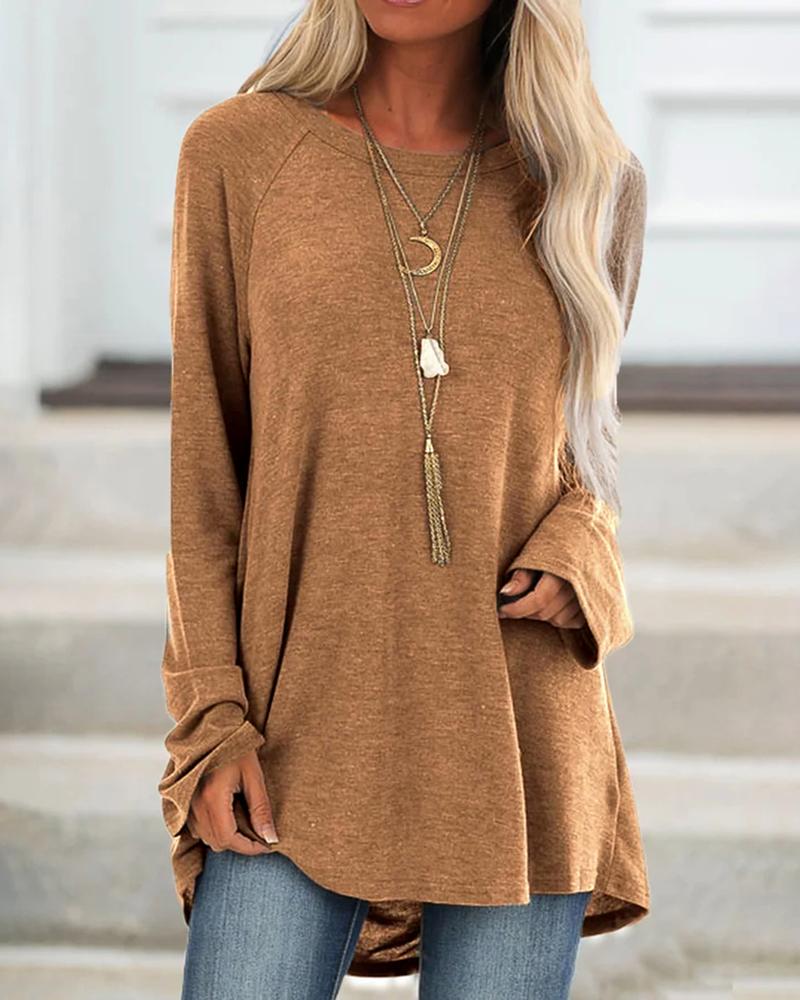 

Solid Loose Long Sleeve Casual Top, Khaki