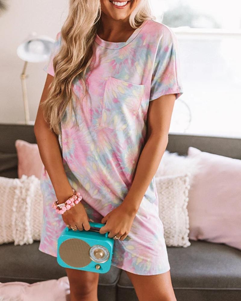 

Tie Dye Print Pocket Casual Dress, Pink