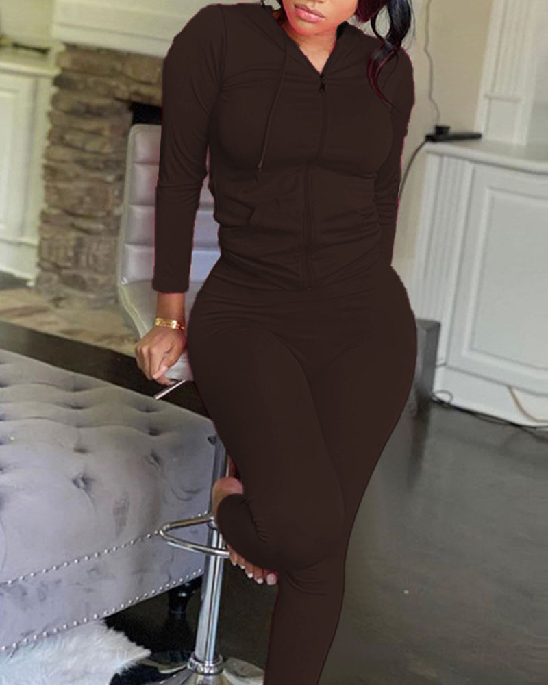 

Long Sleeve Zip Up Drawstring Hooded Top & Pants Set, Coffee