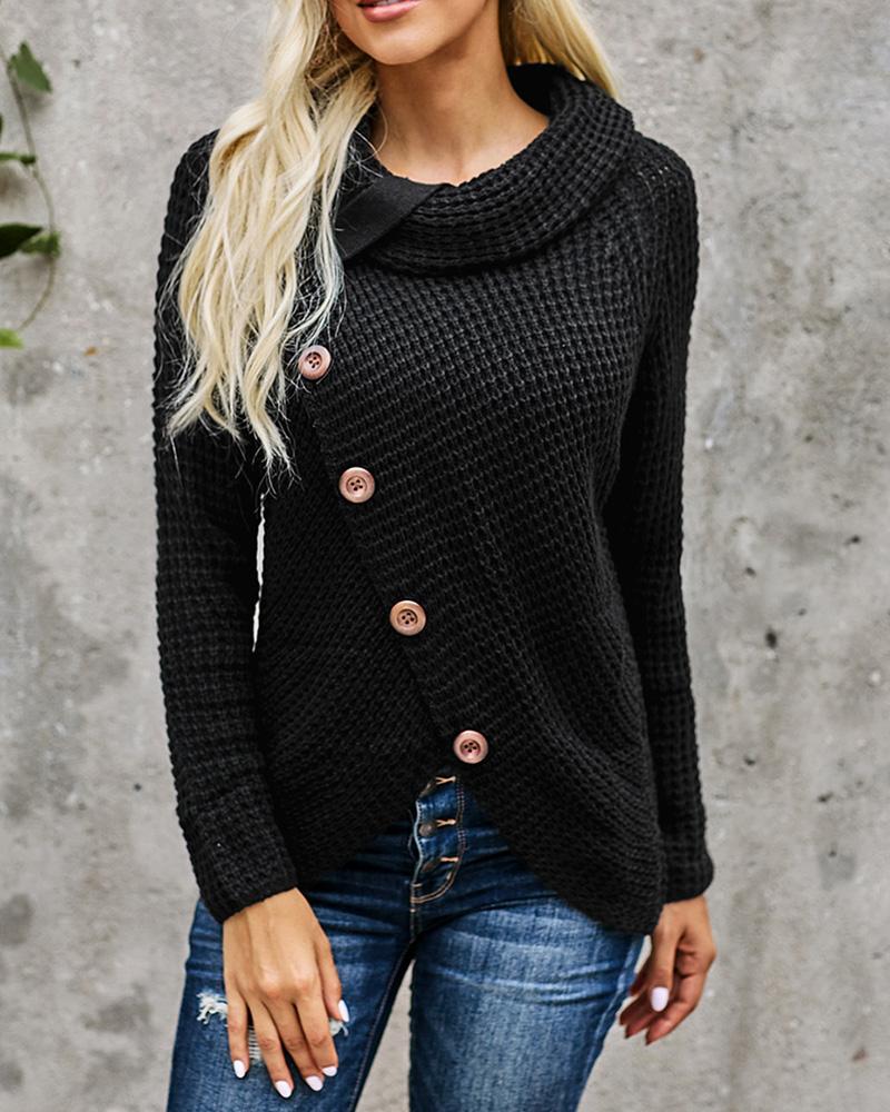 

Strap Decor Mock Neck Buttoned Asymmetrical Sweater, Black