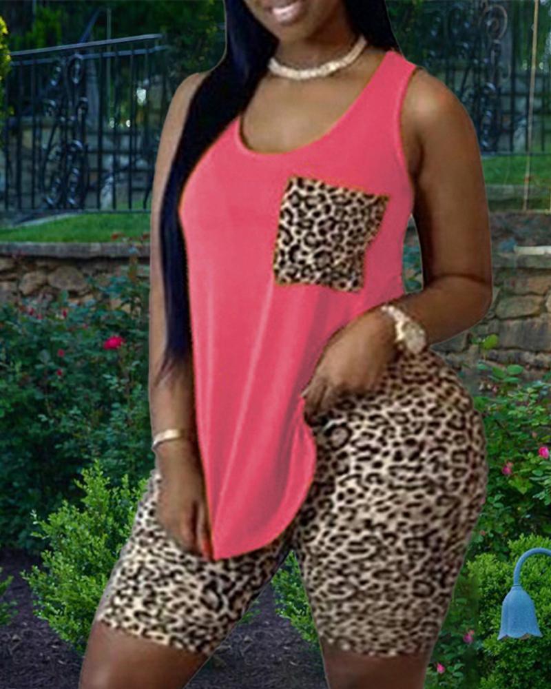 

Plus Size Leopard Print Casual Tank Top & Shorts Set, Pink