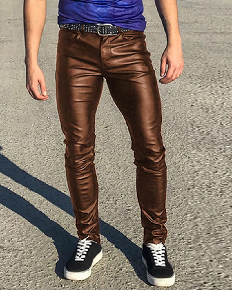 

Solid Skinny Low Waist High Elastic PU Pants, Brown