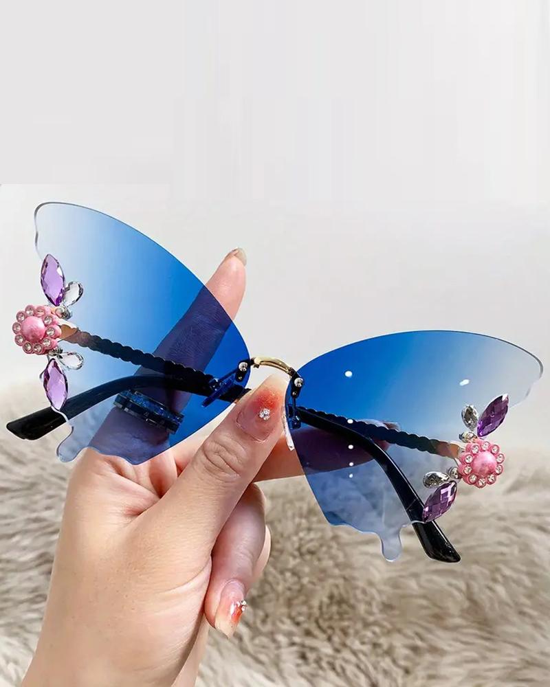 

1Pair Rhinestone Butterfly Shaped Rimless Sunglasses, Blue