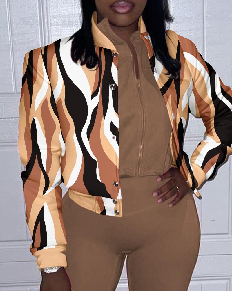 

Abstract Print Long Sleeve Baseball Jacket, Khaki
