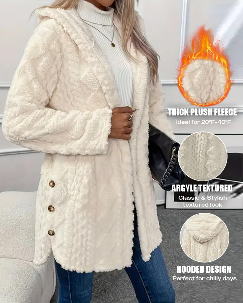 

Chaqueta con capucha y mangas largas de polar con textura de rombos, botones y aberturas laterales, ropa de abrigo cálida, Apricot