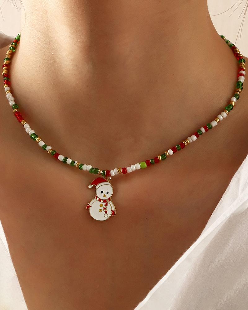 

1pc Christmas Beaded Snowman Pendant Chain Necklace, Red