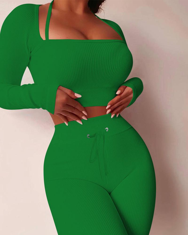 

Long Sleeve Crop Top & Drawstring High Waist Pants Set, Green
