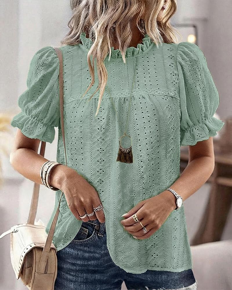 

Blusa elegante con dobladillo con volantes, cuello alto, mangas abullonadas, informal, con bordado calado, Green