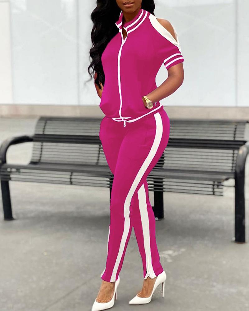 

Cold Shoulder Colorblock Zipper Design Top & Striped Tape Pants Set, Hot pink