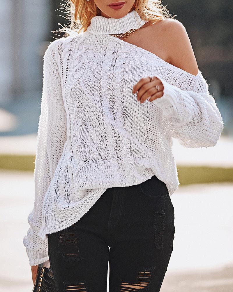 Buy Cold Shoulder Braided Knit Long Sleeve Sweater. Picture