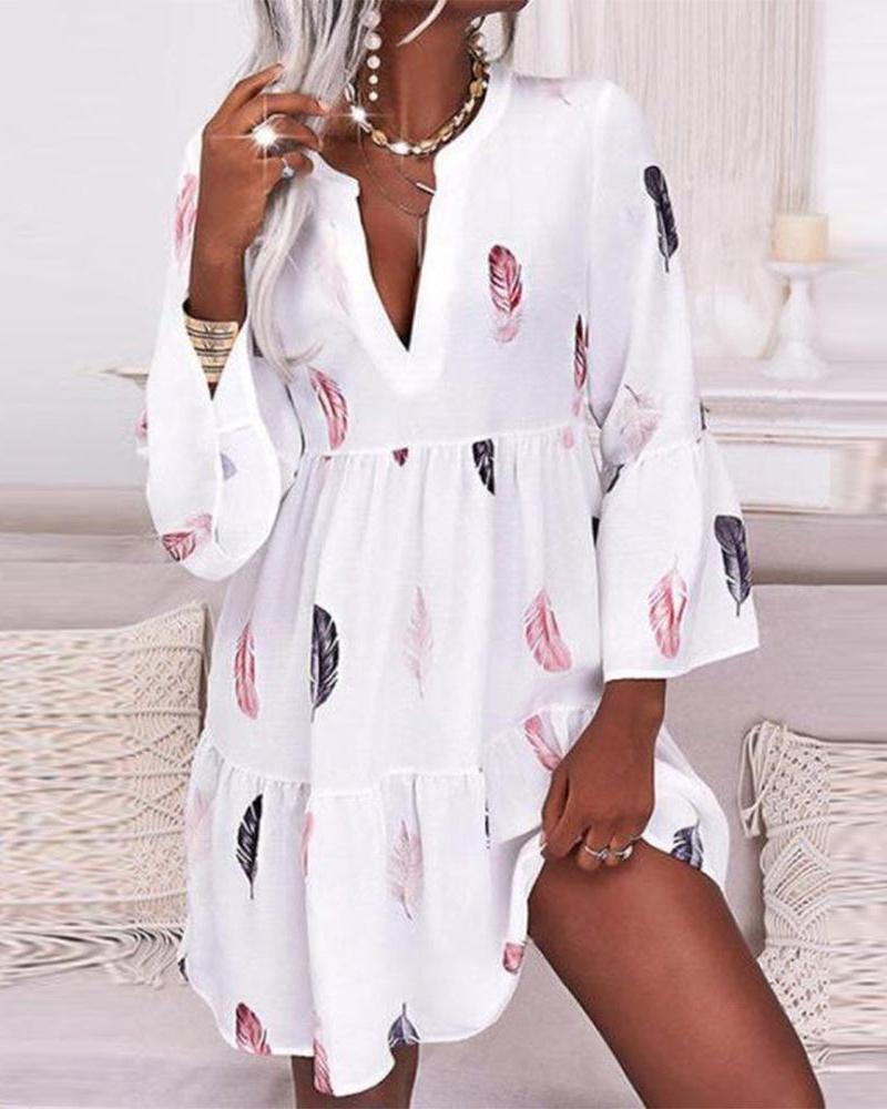 

Feather Print Bell Sleeve Ruffles Casual Dress, White