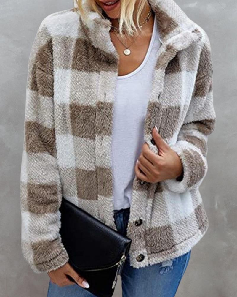 

Plaid Print Button Front Long Sleeve Shacket, Khaki