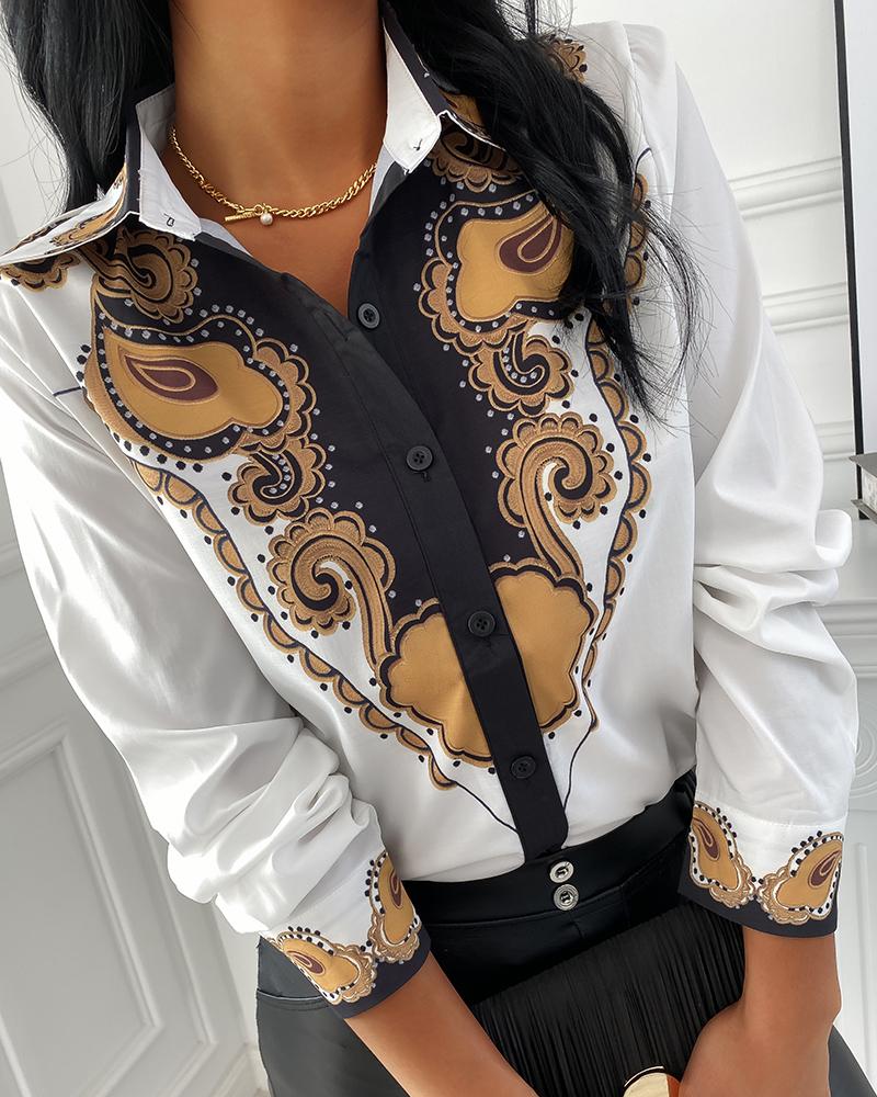 

Retro Print Buttoned Up Long Sleeve Shirt, White