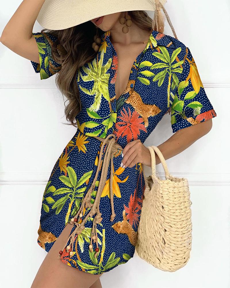 

Tropical Animal Print Button Down Belted Shirt Dress, Purplish blue