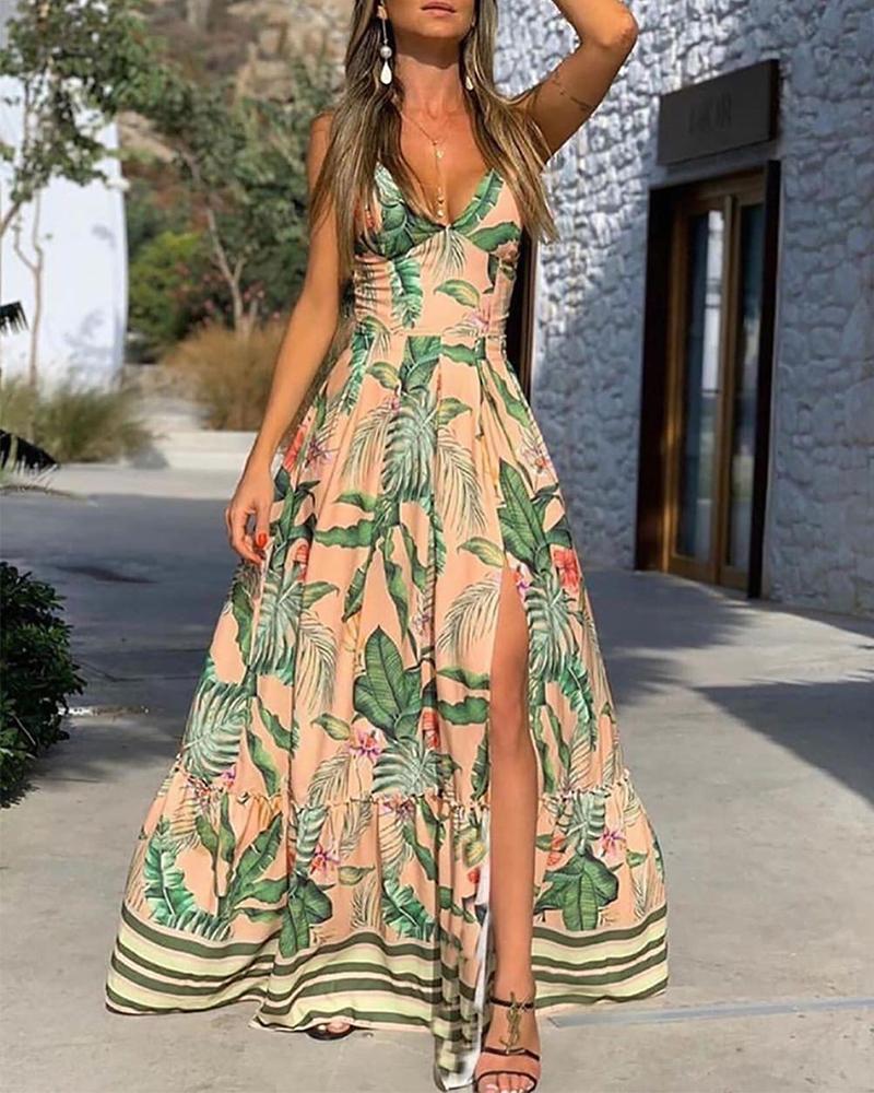 

Tropical Print High Slit Maxi Dress, Green