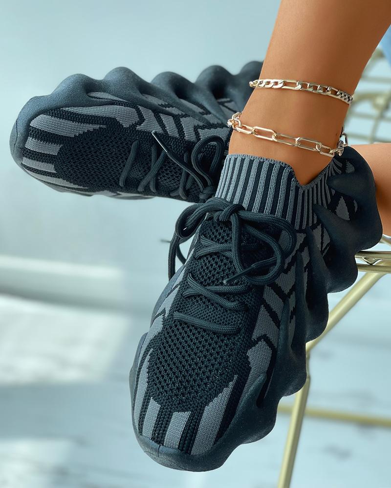 

Colorblock Lace-up Knit Breathable Sneakers, Gray