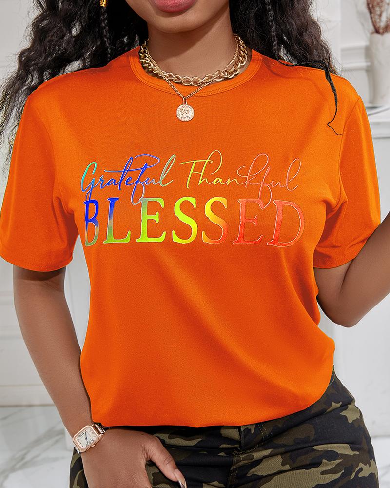 

Grateful Thankful Blessed Ombre Letter Print Casual T-shirt, Orange