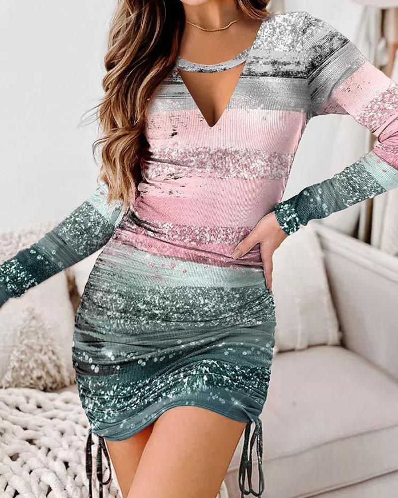 

Colorblock Striped Print Drawstring Ruched Bodycon Dress, Multicolor