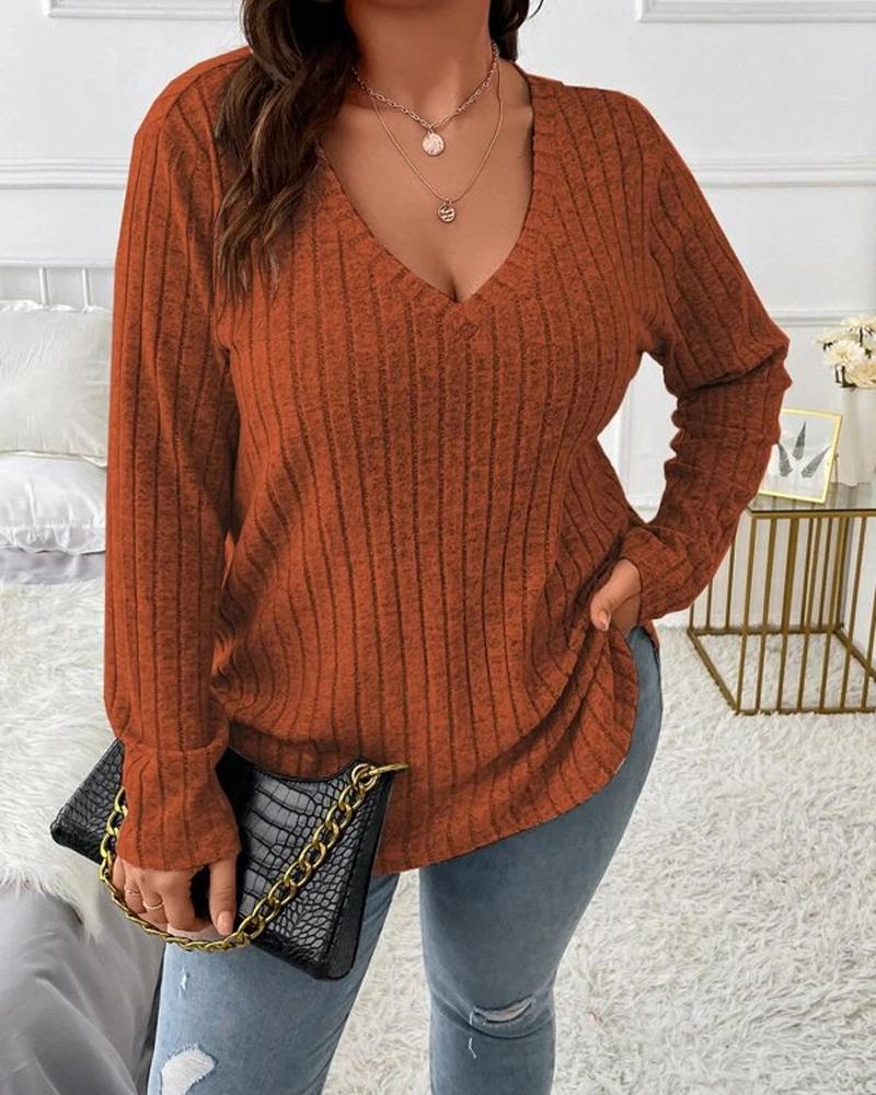 

Plus Size V-Neck Long Sleeve Ribbed Top, Dark brown