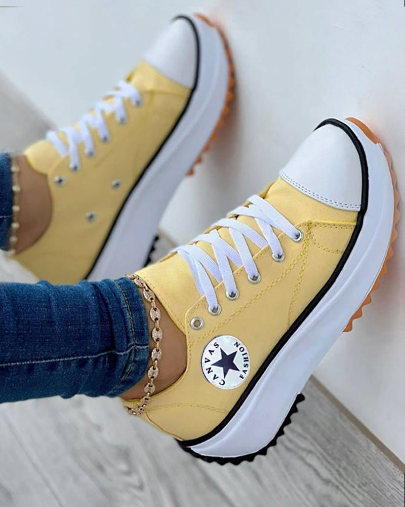 

Eyelet Lace-up Flatform Canvas Shoes, Yellow