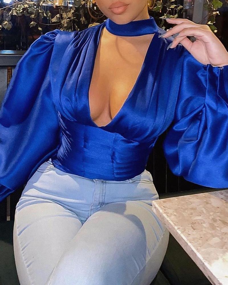

Puff Gigot Sleeve Cutout Front Satin Corset Top, Blue