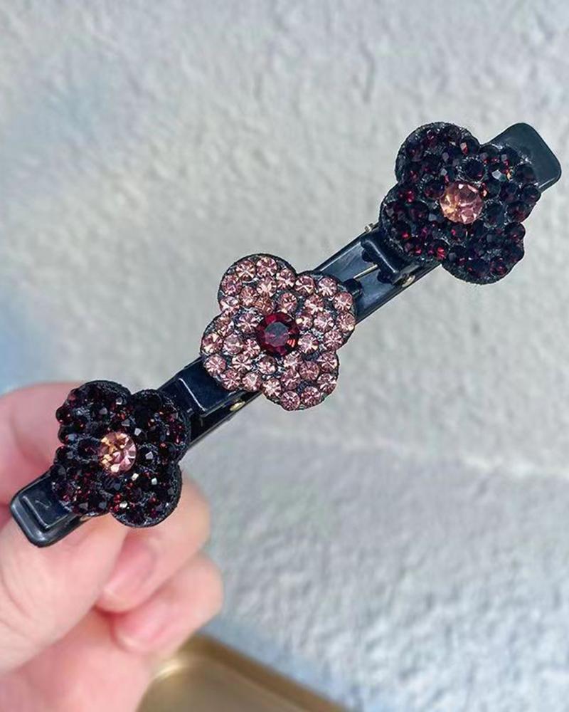 

1pc Crystal Floral Pattern Braided Hairpin, Black