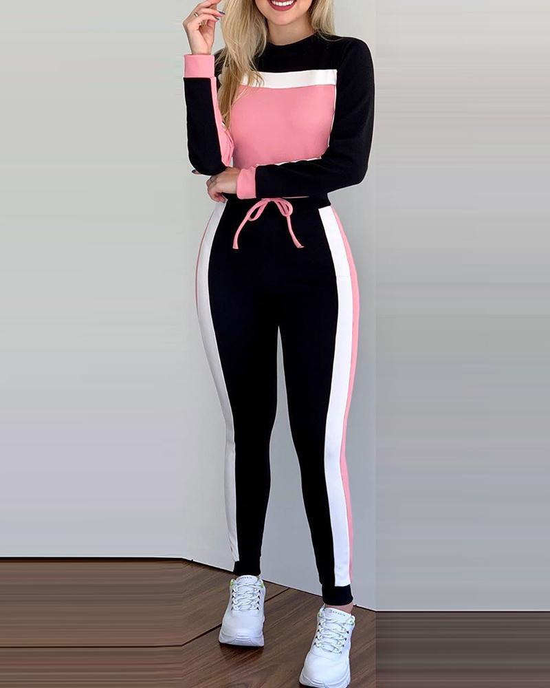 

Colorblock Long Sleeve Top & Striped Tape Pants Sets, Pink