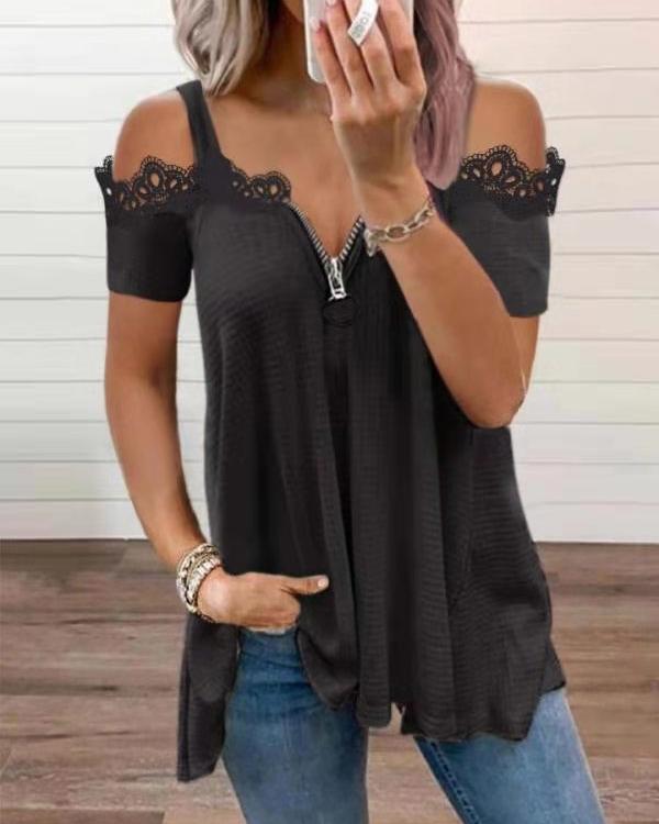 

Lace Trim Cold Shoulder Zip Front Top, Black