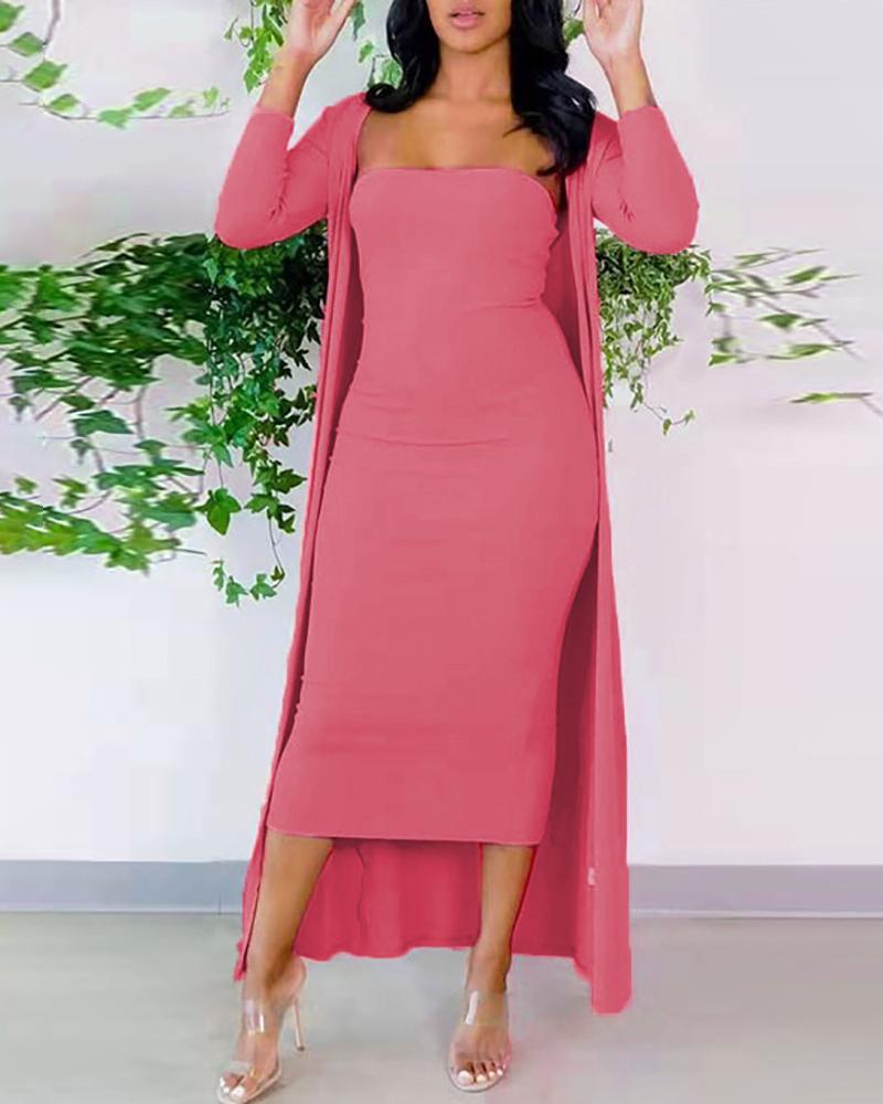 

Plus Size Bandeau Bodycon Dress & Longline Cardigan Set, Pink