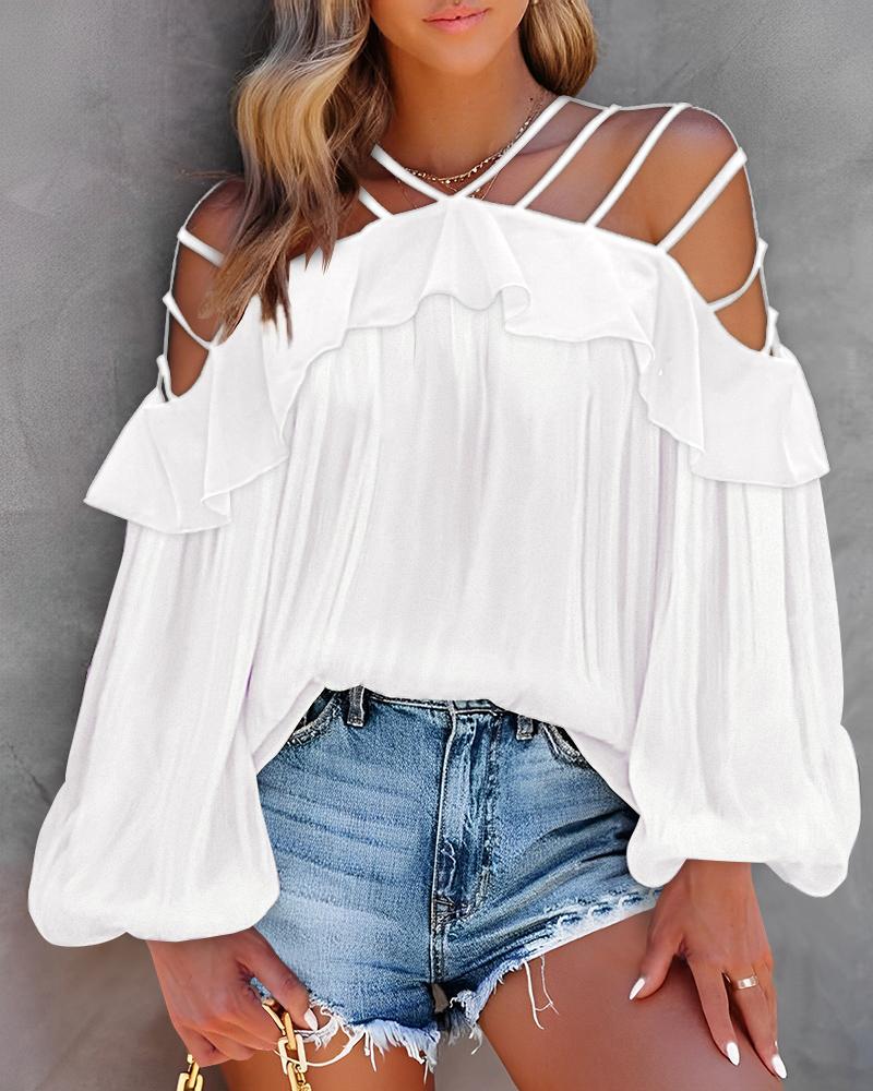 

Cold Shoulder Ruffle Hem Cutout Top, White